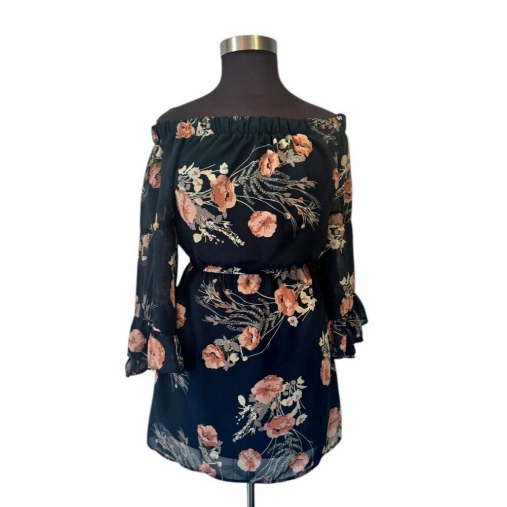 Indulge Blue Floral‎ Dress Size XL off Shoulder Mini Dress Lined sheer boho